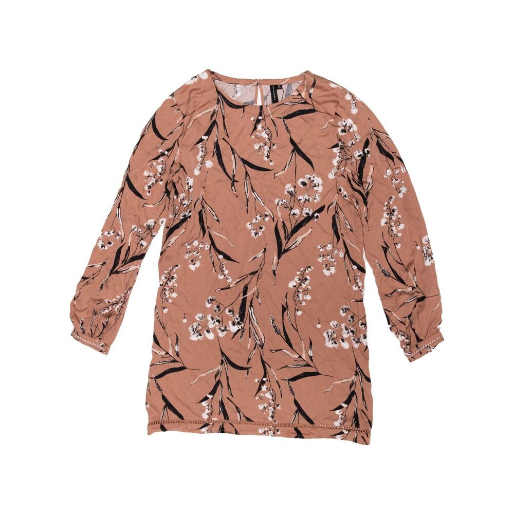 Knot Sisters Floral Long Sleeve Short Dress Light Brown Size M 3814